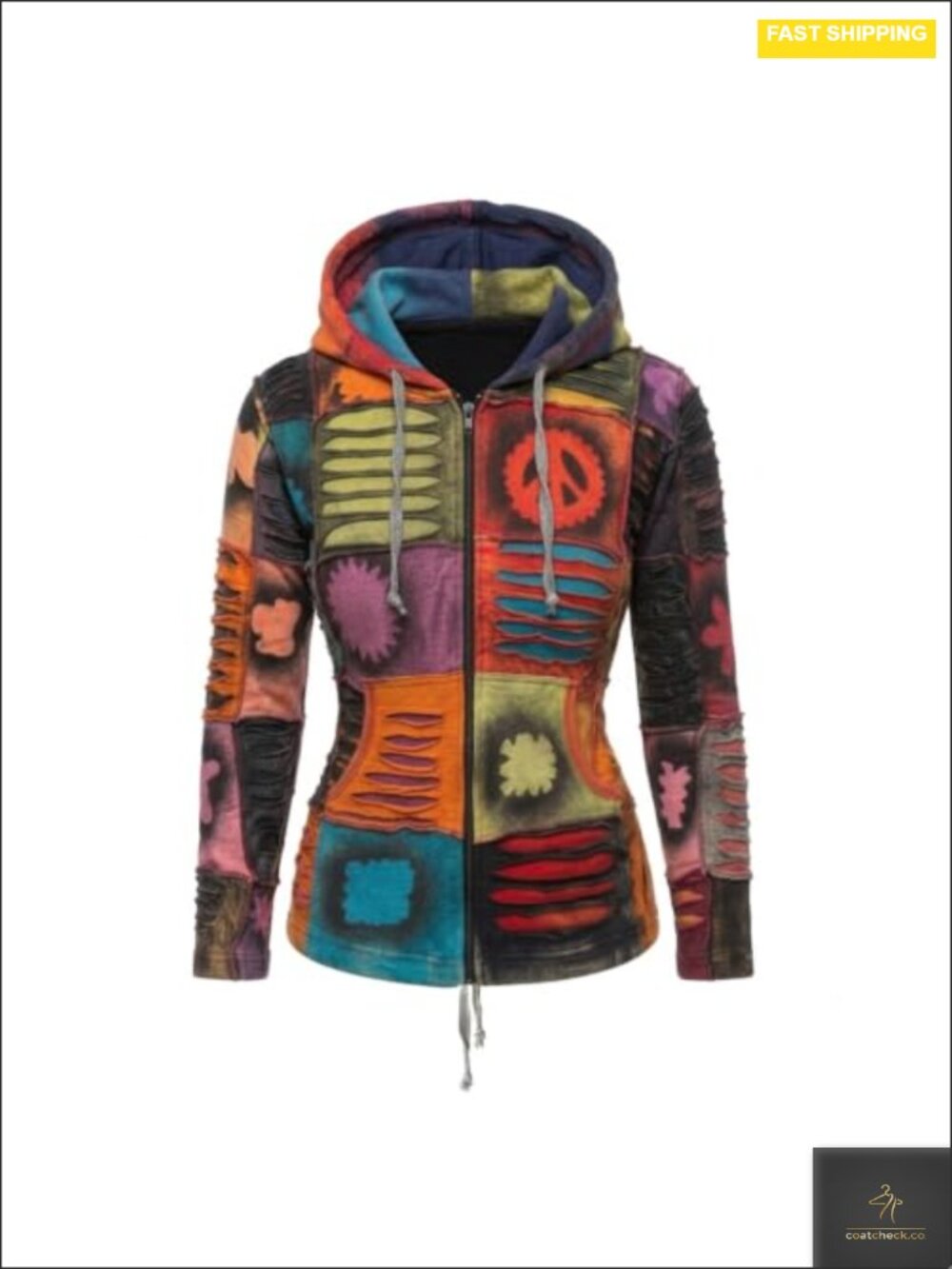 Boho Slashed Patchwork Zip Up Hoodie Cardigan for Women Cotton Lightweight